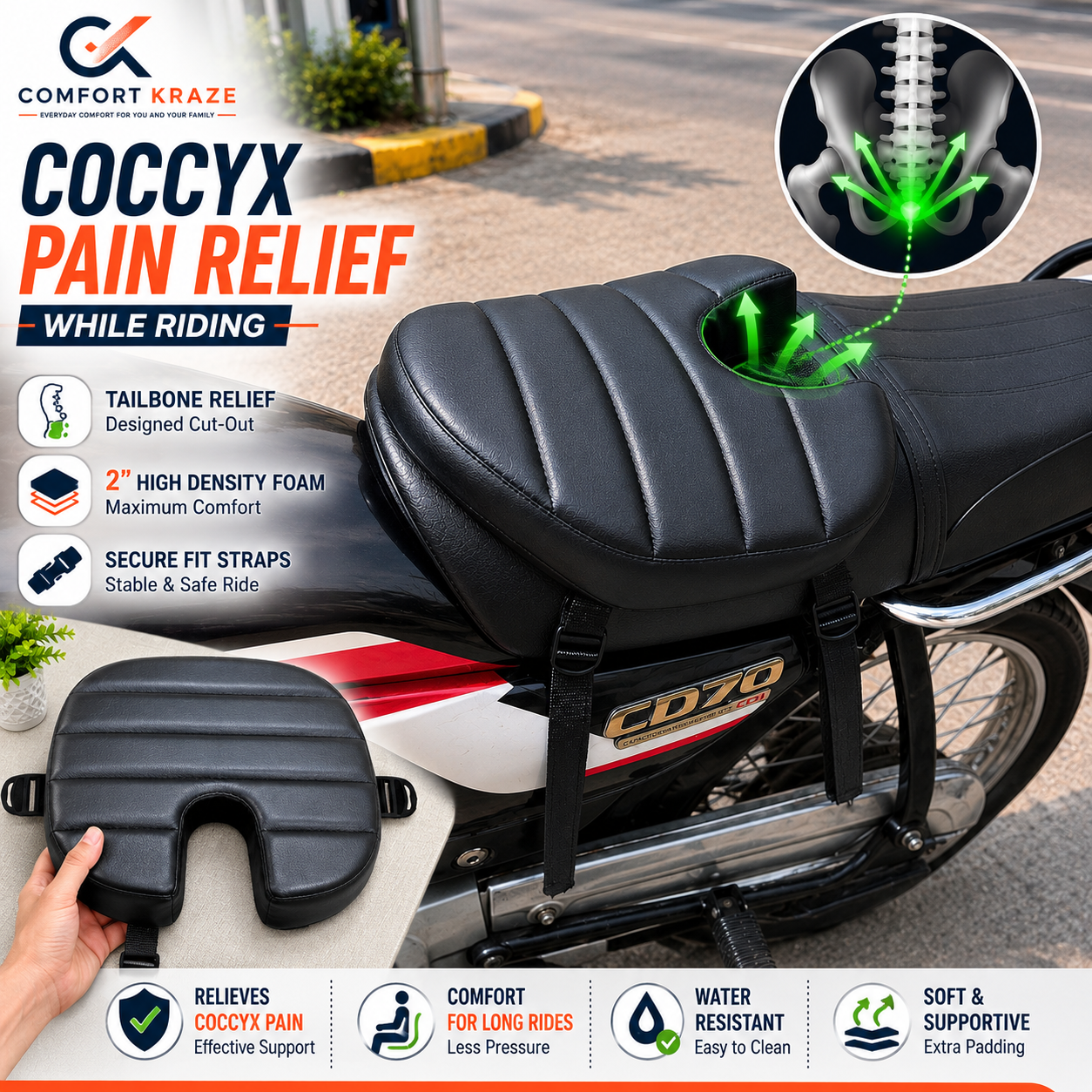 Tailbone Motorcycle Seat Cushion  - Coccyx Relief